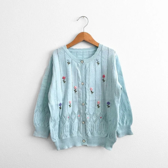 Other - NWT Pretty Girls Long Sleeve Knitted Sweater Boutique Flower Embroidery Blue 5T